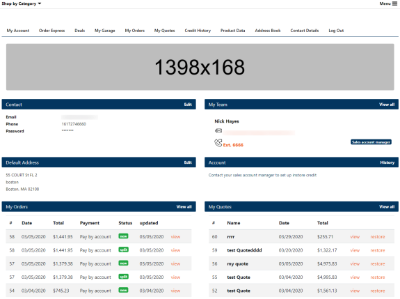 Dashboard interface showing user orders, quotes, contact details, and account info.