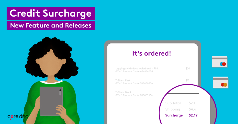 Illustration of a person holding a tablet with credit surcharge announcement.