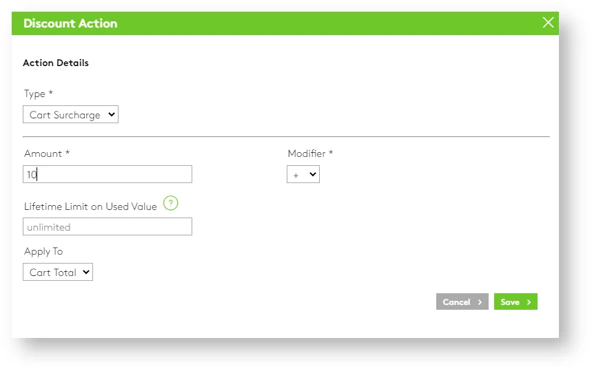Discount action settings interface with cart surcharge and amount input.
