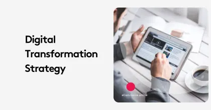Person reading digital transformation strategy on tablet with coffee.