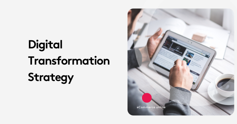 Person reading digital transformation strategy on tablet with coffee.