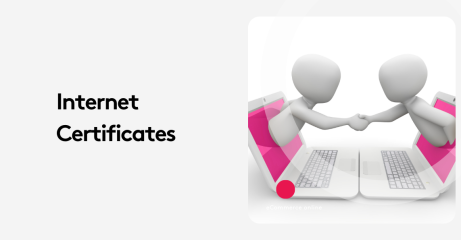 3D figures shaking hands through laptops illustrating internet certificates