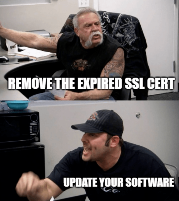 Two men arguing in an office with text about expired SSL certificate and software update.