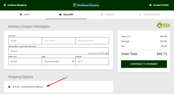 Northeast Nursery checkout page showing delivery information and order total.