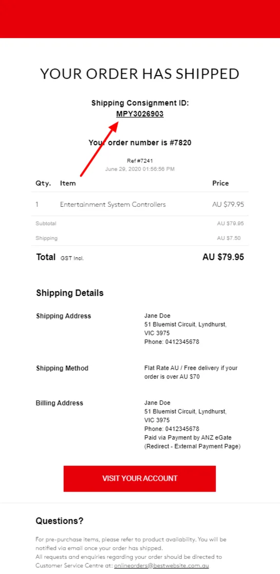 Order shipment confirmation showing consignment ID, order number, and shipping details.