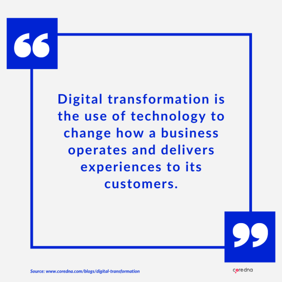 Quote about digital transformation with blue text on a white background.