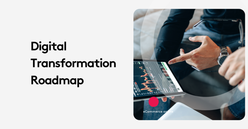 Digital transformation roadmap with tablet showing analytics and pointing hand.