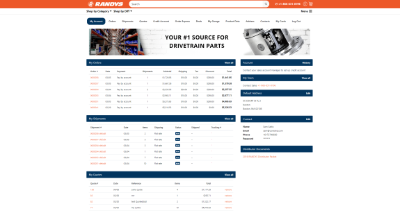 Dashboard of Randys showcasing orders, shipments, and quotes for drivetrain parts.
