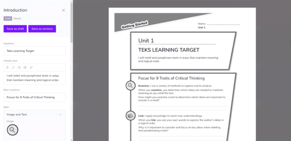 TEKS learning target guide for critical thinking and text retelling.
