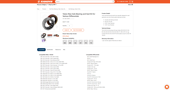 Yukon rear axle bearing and seal kit for various differentials with product details and compatibility list.