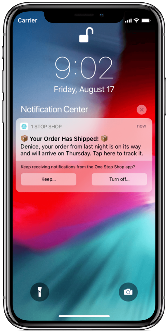 iPhone lock screen with order shipment notification from app