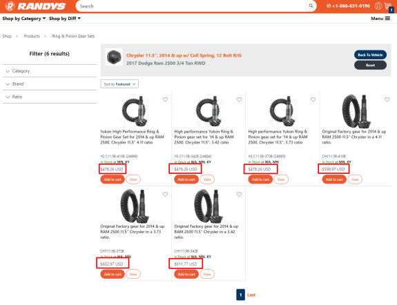 Randy's product page showing various ring and pinion gear sets for Chrysler and RAM vehicles.