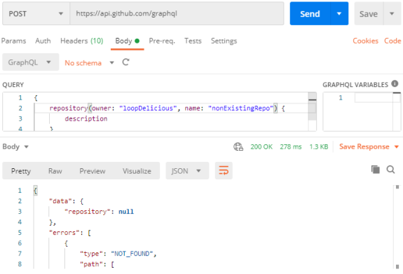 Postman showing a GitHub GraphQL query with an error response for a non-existing repository