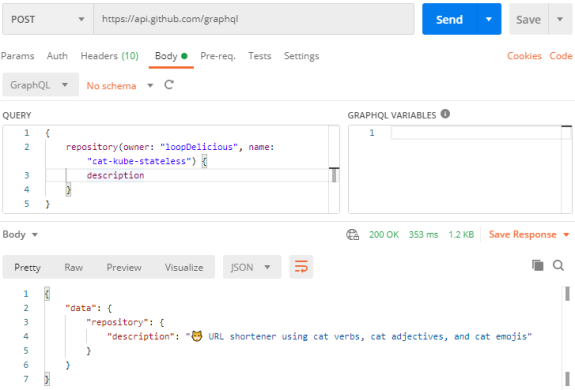 GraphQL API query example using GitHub with cat-themed URL shortener.