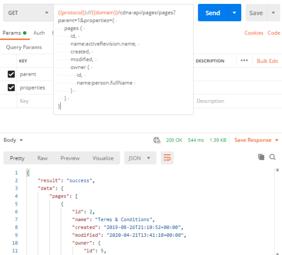 Postman API request with JSON response and parameters displayed.