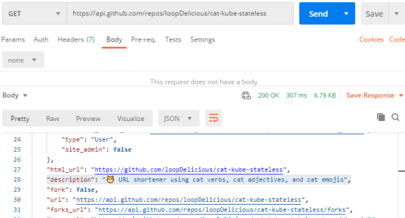 Postman API response showing JSON data with a cat-themed URL shortener description.