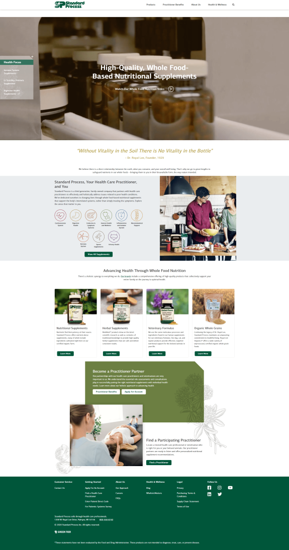 Website homepage showcasing whole food-based nutritional supplements and practitioner benefits.