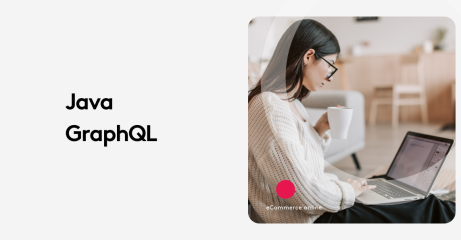 Woman using laptop while holding a coffee cup, with Java and GraphQL text on screen