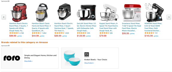 Amazon selection of various stand mixers with prices and ratings displayed.