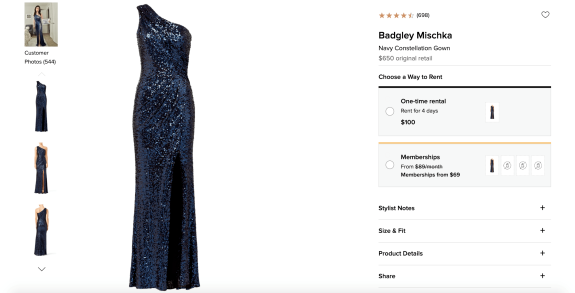 Navy sequin one-shoulder gown by Badgley Mischka with side slit on display.