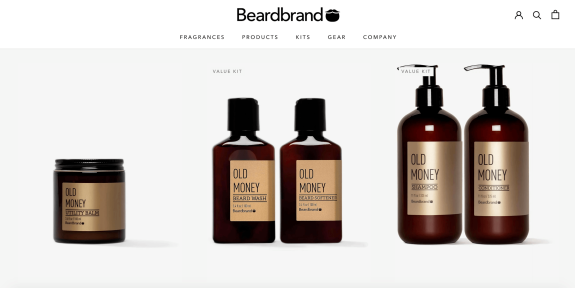 Beardbrand Old Money grooming kit with balm, beard wash, shampoo, conditioner.