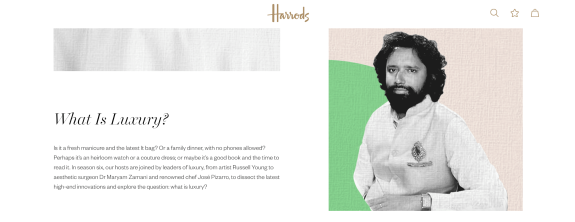 Harrods What Is Luxury article featuring a monochrome portrait of a bearded man on a colorful background.