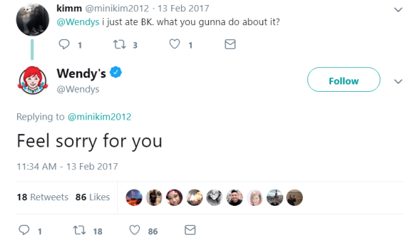 Wendy's humorous Twitter response to a user's comment about eating BK in 2017.