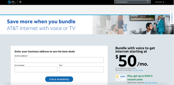 AT&T business bundle internet with voice or TV starting at $50 per month.