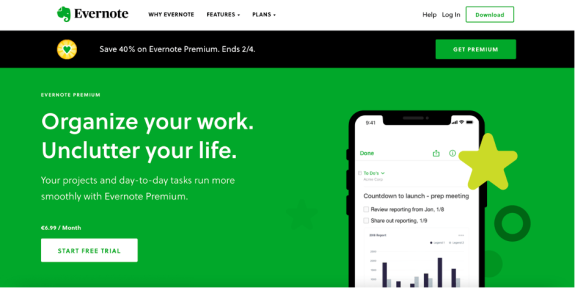 Evernote Premium promotion with organize your work text and mobile app display.