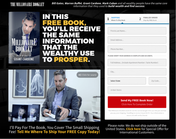 Advertisement for a free book offer titled 'The Millionaire Booklet' by Grant Cardone with order form.