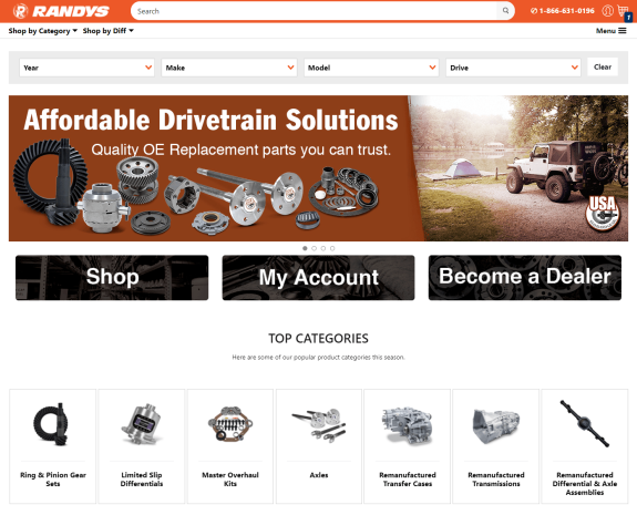 Banner showing affordable drivetrain solutions with car parts and a Jeep by a lake.