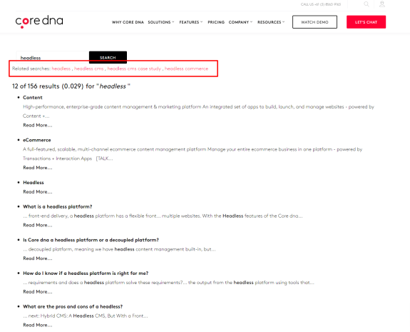 Core dna search results for headless CMS showing related searches and content summaries
