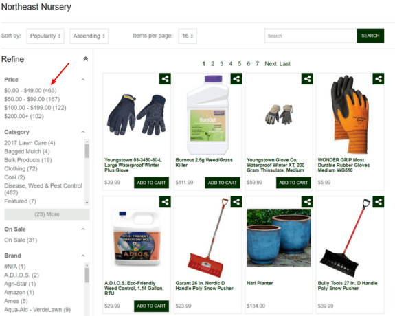 Online shopping page for Northeast Nursery showing gloves, tools, and planters.