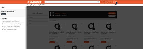 Screenshot of RANDYS website showing manual transmission gear sets for Ford vehicles.