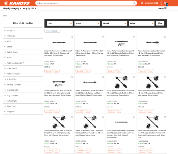 Screenshot of a product catalog for Yukon transmission driveshafts for Jeep vehicles.