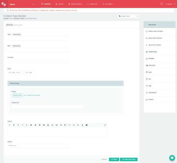 Screenshot of a content type builder interface with article fields and options.