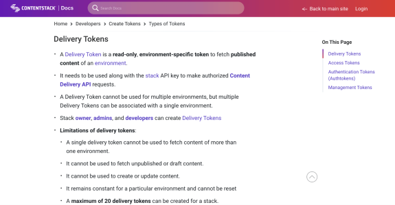 Contentstack documentation page detailing delivery tokens and their usage.