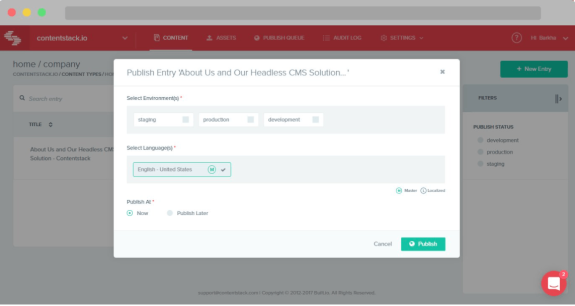 Contentstack publish entry interface for headless CMS solution.