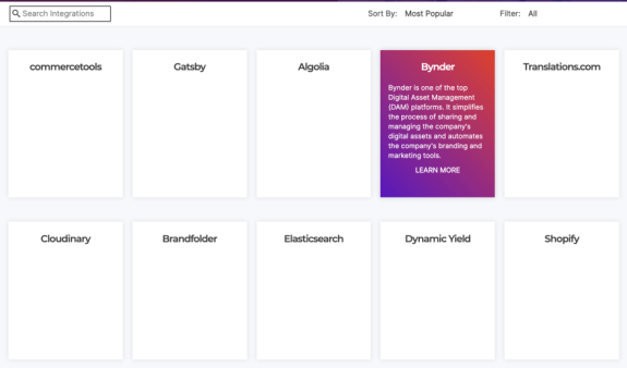 Grid of digital asset management platforms including Bynder, commercetools, and more.