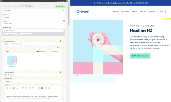 CMS product page design preview with pink glove holding a donut image.