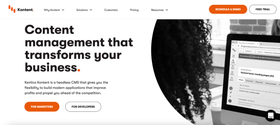 Website promoting content management for business transformation with computer screen.