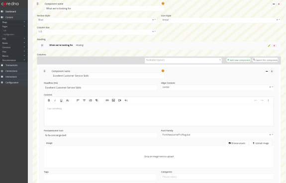 Core dna content editor interface showing customer service skills component setup.