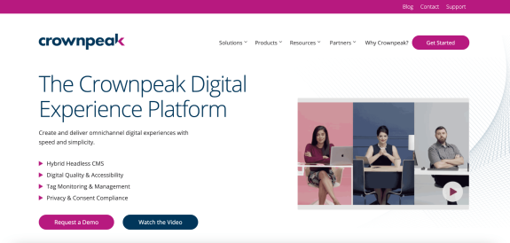 Crownpeak digital experience platform homepage with people and text