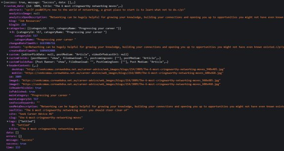 Screenshot of JSON data structure for a networking article example.