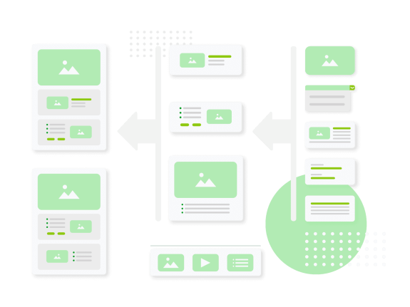 Green themed UX design wireframe with various UI elements and arrows.