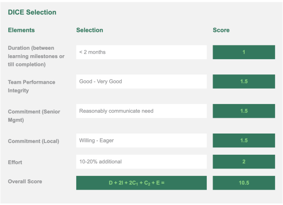 Table showing DICE selection elements, scores, and overall score of 10.5.