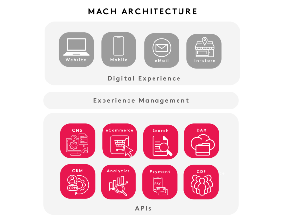 Diagram of digital experience management with website, mobile, email, in-store and APIs like CMS, eCommerce.
