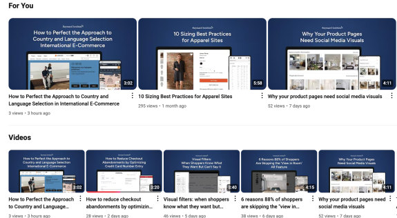 Video thumbnails on international ecommerce strategies with blue background.