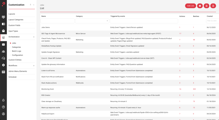 Job management dashboard interface showing job list and customization options.