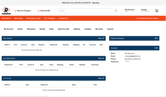 Online account dashboard showing orders, shipments, and contact details.